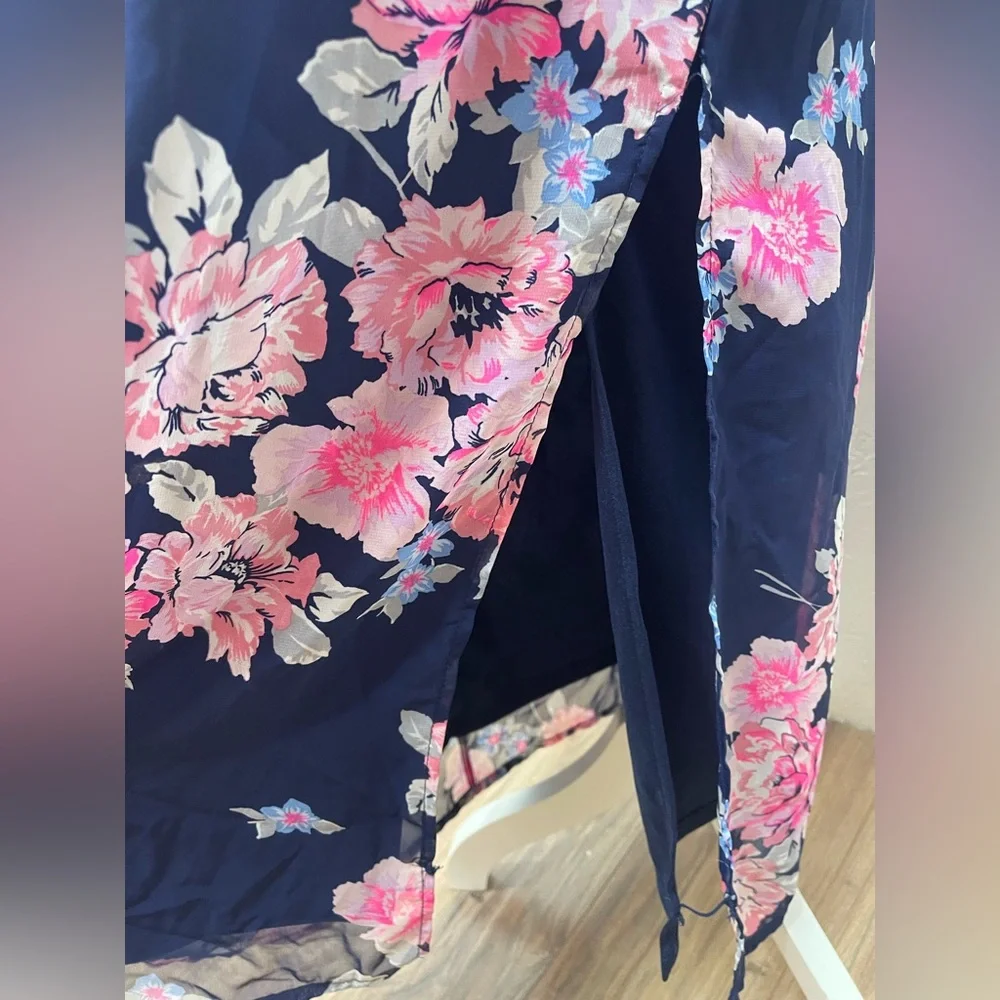 Navy Pink Floral Chiffon Maxi Dress Romantic Cottagecore Spring Wedding Guest Md - Picture 8 of 14